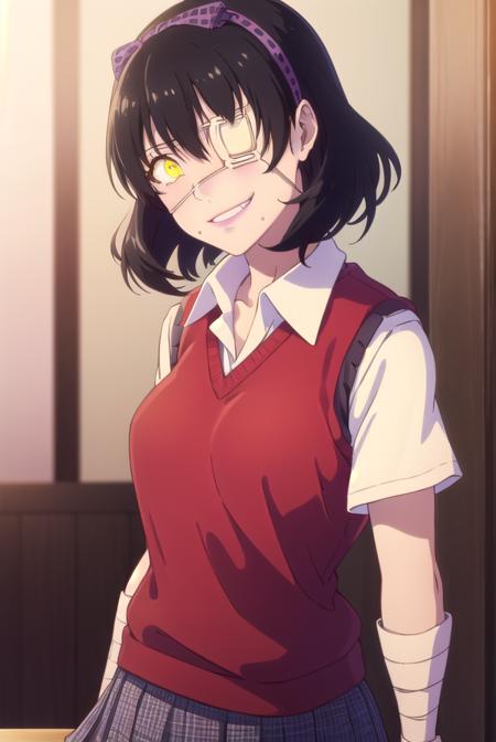 midariikishima, <lora:midari ikishima s2-lora-nochekaiser:1>,
midari ikishima, short hair, black hair, hairband, mole, (eyepatch:1.5), mole under mouth, smile, (yellow eyes:1.5), grin,
BREAK skirt, shirt, school uniform, pleated skirt, bandages, wristband, sweater vest, (red sweater vest:1.3),
BREAK indoors, classroom,
BREAK looking at viewer, (cowboy shot:1.5),
BREAK <lyco:GoodHands-beta2:1>, (masterpiece:1.2), best quality, high resolution, unity 8k wallpaper, (illustration:0.8), (beautiful detailed eyes:1.6), extremely detailed face, perfect lighting, extremely detailed CG, (perfect hands, perfect anatomy),