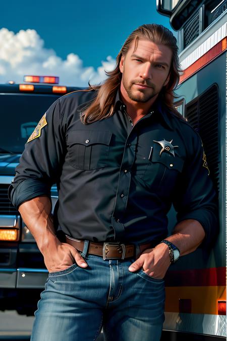 photo of (HHHCL01:0.99), a man as a sheriff, modelshoot style, ((full beard:1.2)), (long hair:1.3), (extremely detailed CG unity 8k wallpaper), photo of the most beautiful artwork in the world, professional majestic oil painting by Ed Blinkey, Atey Ghailan, Studio Ghibli, by Jeremy Mann, Greg Manchess, Antonio Moro, trending on ArtStation, trending on CGSociety, Intricate, High Detail, Sharp focus, dramatic, photorealistic painting art by midjourney and greg rutkowski, (sheriff uniform:1.4), ((american small town )), (tight trousers), ((standing in front of a sheriff truck)), ((side of the road)), ((busy street)), (perfect sky), (blue sky), (looking at viewer), (detailed pupils:1.3), (modern outfit:1.2), (closeup), dim lights,  <lora:epiNoiseoffset_v2:1.2>