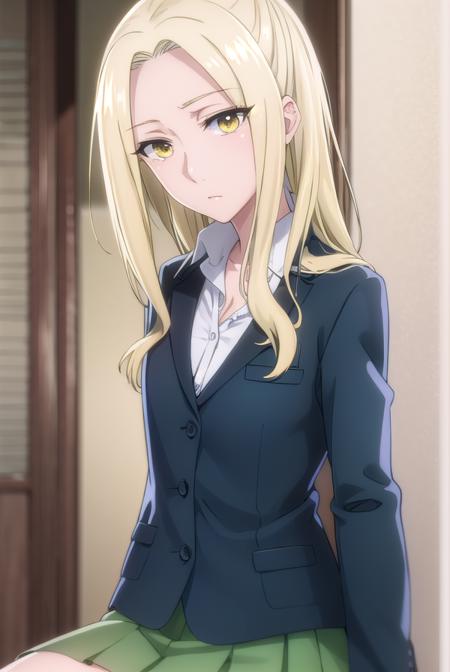 rioamakusa, <lora:rio amakusa s1-lora-nochekaiser:1>,
rio amakusa, long hair, blonde hair, (yellow eyes:1.2), (forehead:1.2),
BREAK skirt, shirt, long sleeves, school uniform, jacket, white shirt, pleated skirt, socks, miniskirt, blazer, cardigan, green skirt,
BREAK indoors, classroom,
BREAK looking at viewer, (cowboy shot:1.5),
BREAK <lyco:GoodHands-beta2:1>, (masterpiece:1.2), best quality, high resolution, unity 8k wallpaper, (illustration:0.8), (beautiful detailed eyes:1.6), extremely detailed face, perfect lighting, extremely detailed CG, (perfect hands, perfect anatomy),