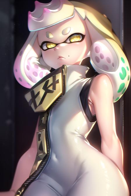 (pearl \(splatoon\):1.5), + +, short hair, (yellow eyes:1.5), pink hair, white hair, multicolored hair, pointy ears, mole, mole under mouth, two-tone hair, gradient hair, tentacle hair, thick eyebrows, dress, pantyhose, boots, sleeveless, white dress, sleeveless dress, white footwear, crown, zipper, zipper pull tab, pink pantyhose,