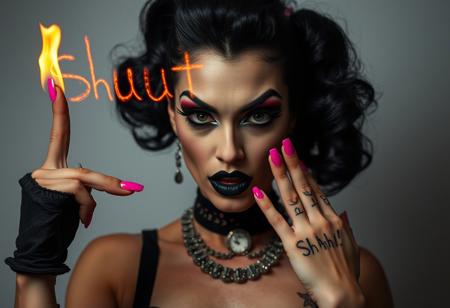 A very young drag queen girl with black makeup and pink nails, looking like she just failed something, shaking her head, drawing the letters "shut up" using flames, in the air, with a finger, on that finger have a tattoo "Shhhh!" photo by helmut newton