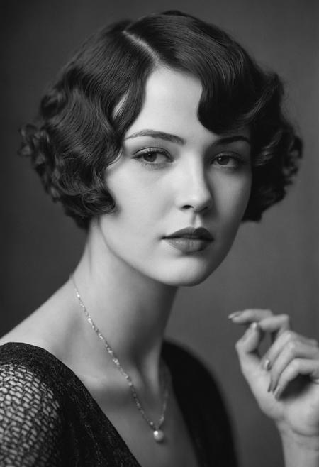 Photograph of a woman from the 1920s, short hair, (finger-weave hairstyle:1.1),posing for a photograph. close-up, black and white, cinematic composition, looking at camera, seductive, soft shadows, grainy,