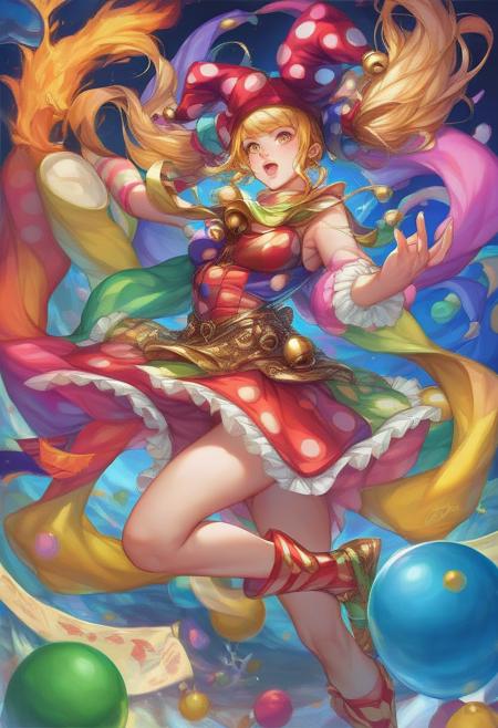score_9, score_8_up, score_7_up, zPDXLrl, (medium full shot) of (vibrant jester) young woman, swedish, fair skin, hazel eyes, slender build, extra long blonde pigtails hair, wearing a jester hat with bells, jester costume top, ruffled skirt with contrasting colors,colorful jester shoes , colorful scarf, set in  Knight's Encampment, area with tents and armor stands, knights preparing for battle, campfires, banners fluttering in the wind, smell of cooked food, at night, woman surprised, open mouth, running toward the viewer, best quality, raw photo, realistic, detailed face