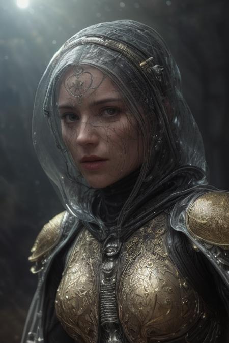 Raw Photo of planetary explorer of harsh alien worlds, wearing transparent, ((translucent), gold filigree biomechanical suit, gold filigree gloves, ((light bokeh)), intricate, elegant, sharp focus, soft lighting, vibrant colors, masterpiece, detailed face, intricate details, cinematic shot on Nikon z9 mirrorless camera, ultra realistic, (art by Darek Zabrocki and Giger and Cedric Peyravernay),  (detailed exterior sci-fi environment :1.4), Dystopian, photorealistic, epic, highly detailed eyes, eyes are identical and symmetrical  <lora:more_details:0.9> ((eye contact)), looking at viewer