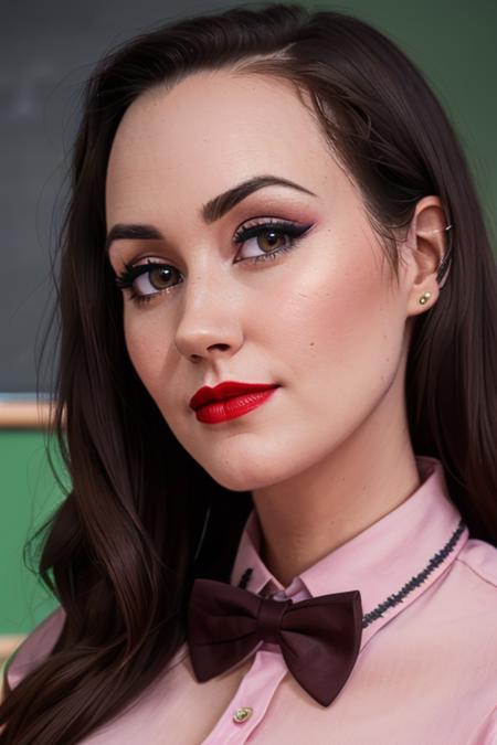 photo of a woman, sydneyw, ((dark brown hair)), ((shirt, bowtie):1.1), ((closeup, portrait)),((classroom, chalkboard)), ((red lipstick, makeup)), (smile), ((best quality, masterpiece, extreme details, high resolution):1.2),((detailed eyes, beautiful eyes, detailed face, beautiful face):1.2)