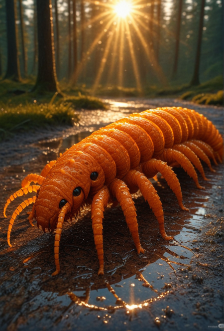 SDXL_POS, OrangePeel, a breathtaking highly detailed centipede, comic style, forest, (raining:0.8), reflections, wet ground, golden hour, sun rays
 <lora:Orange_Peel:1.55>