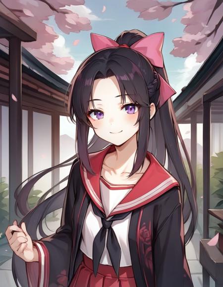 Wei Li very long hair,black hair,ponytail,hair bow,pink bow,hair ribbon,french braid,sidelocks,parted bangs,forehead,purple eyes collarbone,japanese clothes,black kimono,furisode,cherry blossom print,open kimono,school uniform,serafuku,red sailor collar,black neckerchief,white shirt,long sleeves,wide sleeves,tassel,red skirt,frilled skirt,white socks,clog sandals