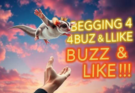 “A highly elegant sugar glider soaring happily through the air towards its owner. The scene is surreal, with a dreamy, colorful sky in the background. The sugar glider has an exaggerated, almost regal posture, with a tiny golden crown on its head. The owner, looking surprised, is reaching out with open hands. A massive, neon-style text in the background reads ‘BEGGING 4 BUZZ & LIKE ^_^’, glowing dramatically. The entire composition has a playful, chaotic energy, blending elegance with internet meme culture.”