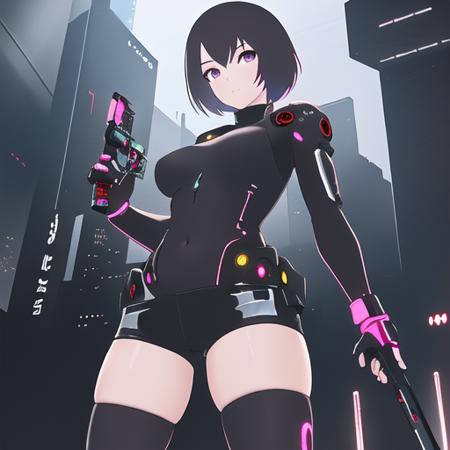 1girl, solo, bodysuit, short shorts, zettai ryouiki, looking at viewer, navel, scifi, science fiction, cyberpunk, holding weapon, cyborg, masterpiece, best quality  <lora:add_detail:-1.99>   <lora:pokfx_oc_subtle3d:2.02>