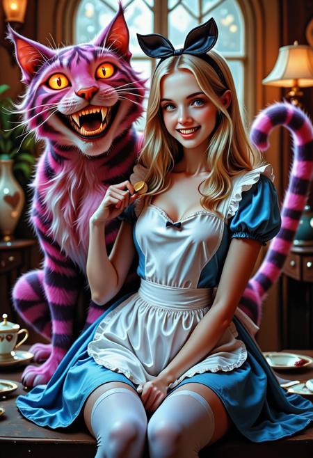 UnderlandAlice,  Score 9, Score 8, Score 7, Masterpiece, High Quality, Good Quality, Latest Model, High Resolution, alice in wonderland, blonde hair, short blue dress, white apron, white thighhighs,
BREAK
 Holding Cheshire Cat, stroking Cheshire Cat, cat with large fangs and creepy grin,
fantasy horror, studio ghibli nightmare, neil gaiman aesthetic, soft shadows, cinematic lighting, masterpiece
