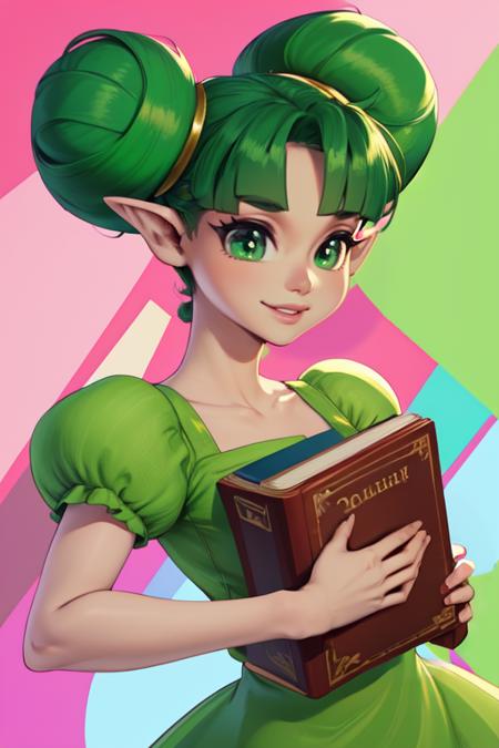 farore, pointy ears,green hair,double bun,green eyes,
Gdress,green dress,pink pantyhose, puffy short sleeves,brown footwear, 
upper body, smiling,
holding book, 
(insanely detailed, beautiful detailed face, masterpiece, detailed eyes, best quality),
 <lora:farore:0.7>