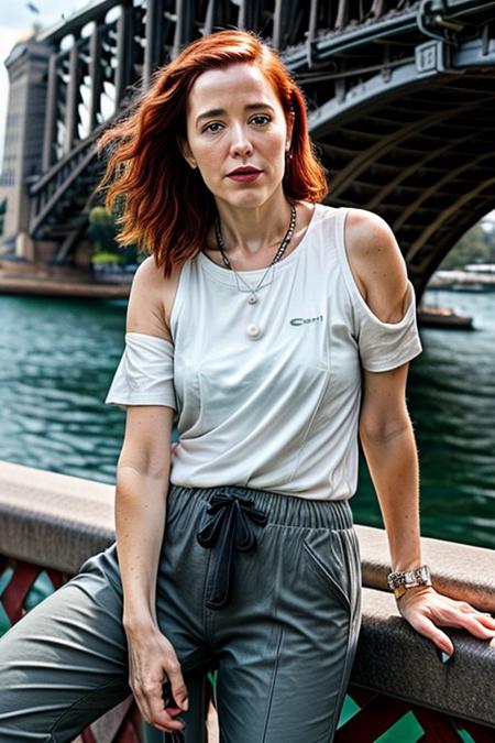RAW Photo, (((mature 55 year old))) European woman, ZM_carolina, closeup, (shirt), pants, (Sydney Harbour Bridge), pearl necklace , (), wide shoulders, perfect face, (contact iris: 1.1), pale skin, skin pores , depth of field, Dramatic, 8k uhd, dslr, soft lighting, high quality, film grain