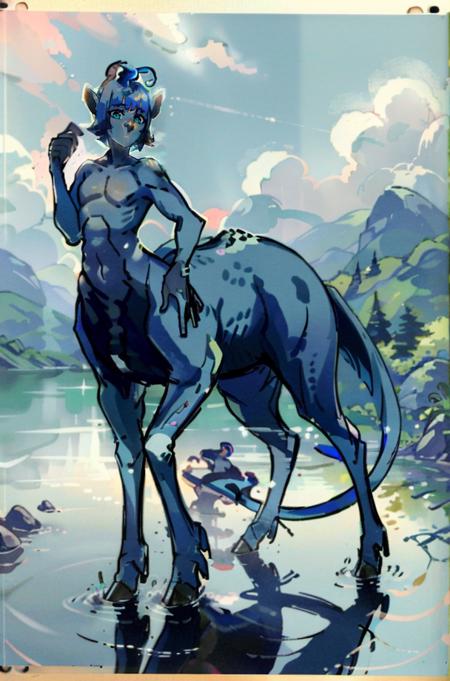 1person, Animorph_Andalite, (taur:1.6), tail blade, antennae, full body, (standing on shore with one leg in the water), beautiful face, detailed eyes, detailed face, (masterpiece:1.2), hires, ultra-high resolution, 8K, high quality, (sharp focus:1.2), clean, crisp, cinematic,<lora:Andalite-30:0.9>