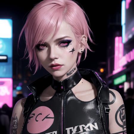 close-up, night club, underground club, neon lights, a punk female, makeup, short pink hair, tattoo, techwear outfit, crowd, industrial, muchRealisticV0_3