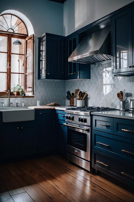 interior photography, santoriniiterior, kitchen, coffee cup, mediteranian, details, yellow light, lamp, white wall, blue paint, dawn, painting, flower, mirror, <lora:ARWSantoriniInterior:1>