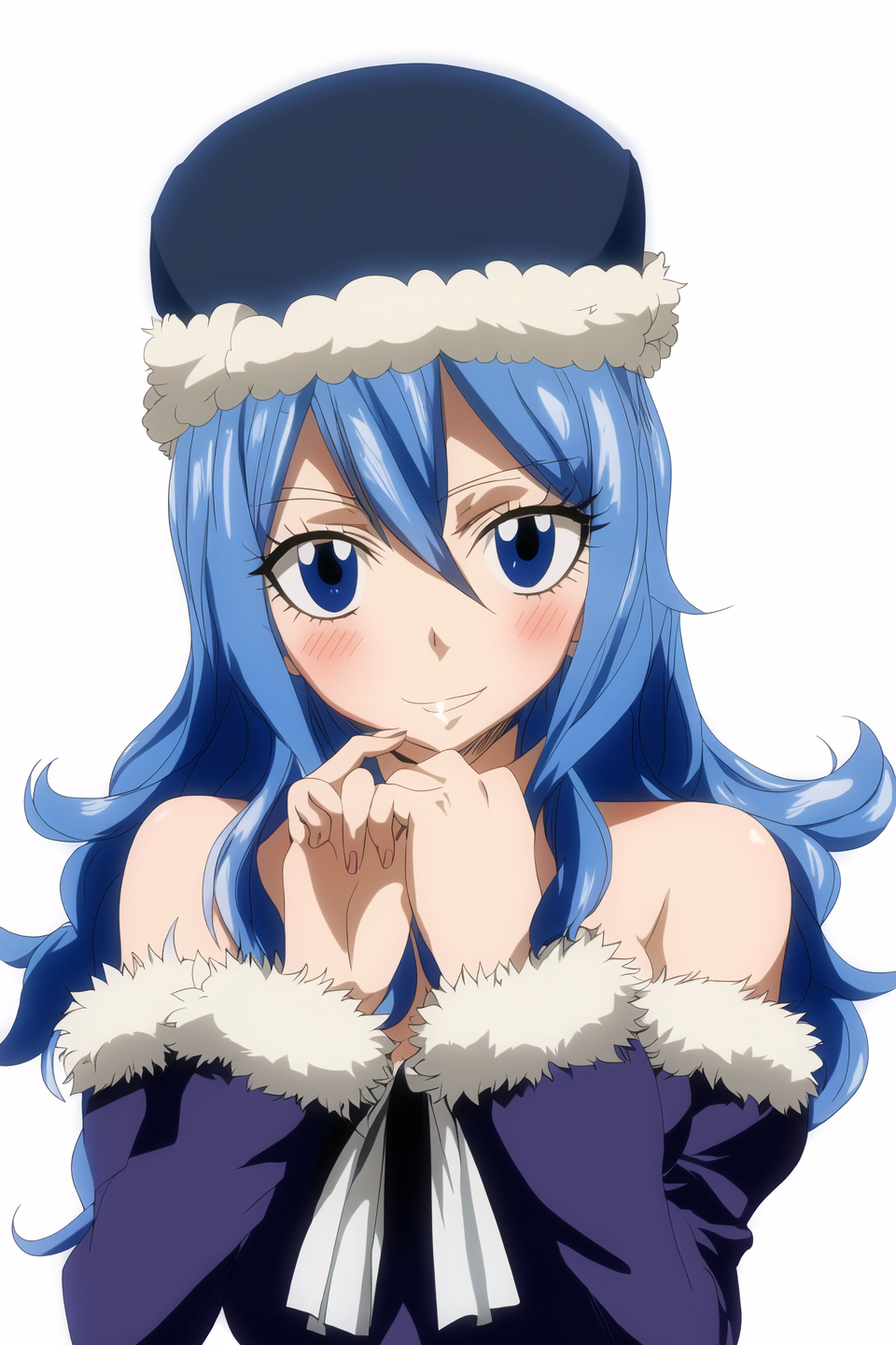 juvia, fairy tail, anime art style, 1girl, solo, blush, smile, hat, blue_hair, closed_eyes, fur_trim, parody, hands_on_own...