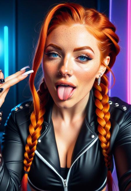 masterpiece, best quality, good quality, very aesthetic, absurdres, newest, ultra detailed, upper body focused, perfect face, detailed face, 
(Beautiful seductive women with long single braided light-red hair, shaved sides,) wearing a half-cut jacket and yoga pants, nose piercing, tongue out, tongue piercing, seductive pose, hand on face, long nails, LED nails, tongue piercing, seductive face, attractive, freckles, seductive smile, mouth open, blue eyes, bold makeup, LED, colorful LED lights background,
looking at viewer, soft cinematic lighting,