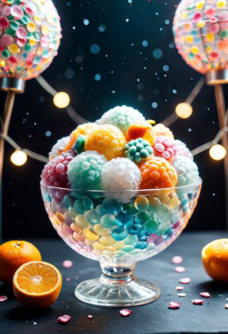 Summer Dessert (Shaved Ice)
[Rainbow Candy Products]
Core Features:
*Transparent*
*Low-saturation transparent color system*, uniform size, mixed round liquid,
Three exquisitely shaped teardrop-shaped heads placed in a transparent glass bowl,
Transparent, round, moist, light, randomly dotted (sakura petals, fruit cubes),
Soft (color: transparent starlight gradient galaxy),
Dotted with glitter and silver onions,
Randomly inlaid (sakura, roses, stars, oranges, mint leaves, lemons)
**A bustling summer festival scene at night. In the background, strings of colorful paper lanterns emit warm light, and festive music and laughter echo in the air. A brightly lit snack stand hangs a banner that reads "Refreshing Water Mochi", and a bowl of transparent dessert is placed on a clean counter, ready to serve customers at any time. **
Style Keywords:
Transparent, crystal, flowing, fresh, energetic, festive, lively, commercial, summer, delicious.
