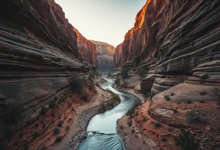 A high quality photo taken on the bottom of a beautiful canyon. a winding river runs in the center and sparse vegetation grow on the cliff wall sides. dust in the air, effortlessly chic, beautiful, artistic, serene, detailed, slightly cluttered environment. High detail, 4k, super realistic, real photo, golden hour, shot on Canon, camera, orange dreamy lighting, vibrant colors, zoomed out, god rays