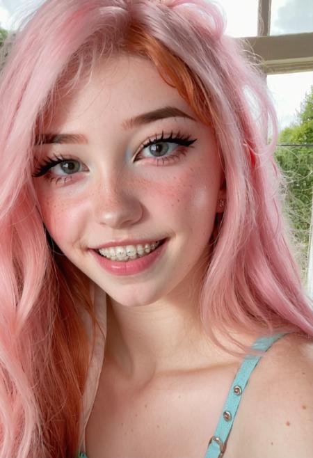 belle delphine, photo of beautiful age 18 girl, pastel hair, freckles sexy, braces, beautiful, close up, young, dslr, 8k, 4k, ultrarealistic, realistic, natural skin, textured skin