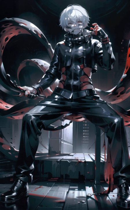 8k, anime, portrait, best quality, ultra high res, ultra detailed, black and red, high contrast color tone, extremely detailed lighting, cinematic lighting, soft lights, (masterpiece, high quality:1.4), (kaneki ken, white hair, red and black eye, blood eyes, black clothes, scorpio tentacles),  <lora:epiNoiseoffset_v2:0.8>,  <lora:Kaneki_Ken-08:0.9>, blood, ((full body)), (dynamic pose), black background, thrilling, (fierce face)