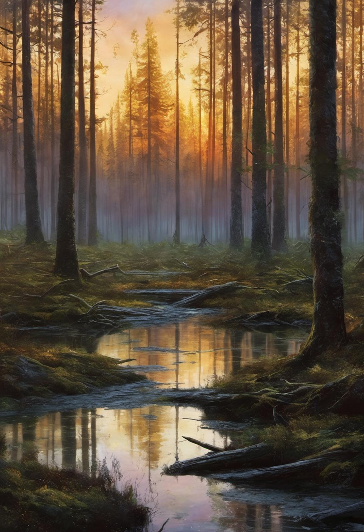A painting of a forest with a small stream and sunlight.