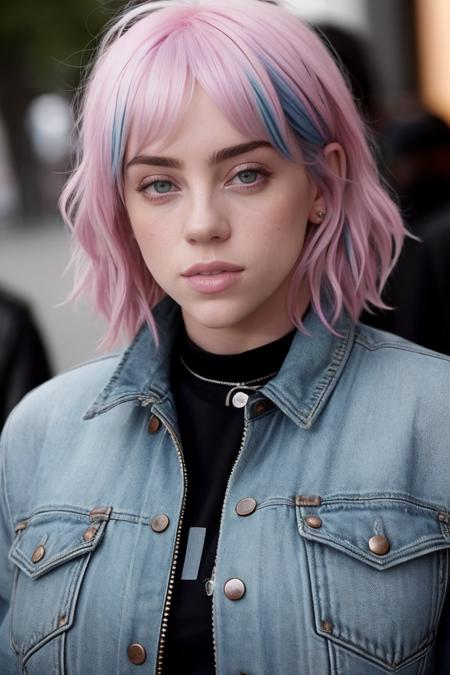 a photo of (b1ll1331ll1sh:0.99), a woman with multi colored hair wearing a leather jacket, jeans, on the street, (masterpiece), (best quality), (detailed), (8k), (HDR), (wallpaper), (cinematic lighting), (sharp focus), (intricate), (closeup) , looking at viewer, closeup