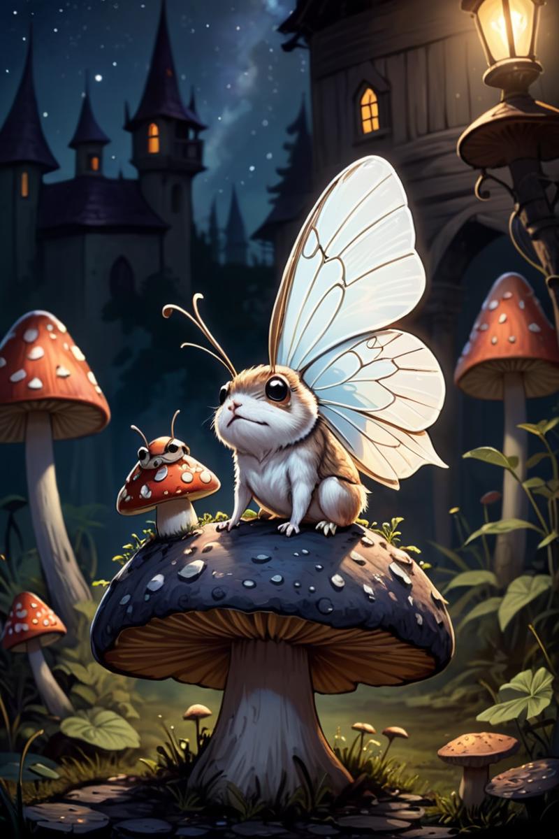 A butterfly and a mouse sit on a toadstool in a forest scene.