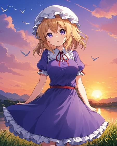 maribel hearn,1girl, solo, mob_cap, open_mouth, purple_dress, red_ribbon, looking_at_viewer, white_headwear, arms_behind_back, puffy_short_sleeves, neck_ribbon, frills, outdoors, bird, cloud, :d, sunset, gradient_sky, breasts
<lora:maribel_hearn_image1596_2023-12-20-000014:1>,star-shaped_pupils,symbol-shaped_pupils,. gorgeous,key visual, vibrant, studio anime,award-winning, professional, highly detailed,high budget, cinemascope