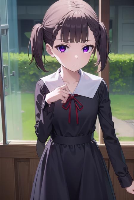 makishijou, <lora:makishijou-lora-nochekaiser:1>,
maki shijou, bangs, blunt bangs, (purple eyes:1.1), twintails, two side up, braid, short twintails,
BREAK long sleeves, dress, ribbon, school uniform, black dress, red ribbon, neck ribbon, collared dress, shuuchiin academy school uniform,
BREAK outdoors,
BREAK looking at viewer, (cowboy shot:1.5),
BREAK <lyco:GoodHands-beta2:1>, (masterpiece:1.2), best quality, high resolution, unity 8k wallpaper, (illustration:0.8), (beautiful detailed eyes:1.6), extremely detailed face, perfect lighting, extremely detailed CG, (perfect hands, perfect anatomy),