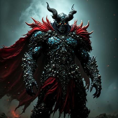 UHD, Photorealistic Contest Winner, Best Quality Image of a Massively tall and incredibly muscled Mysterious black demon with detailed black a and armor made from biolumescent skulls and Chrome steel balls and a billowy blood red cape, standing resolute in a defensive pose, with a horned helm that shimmers and glows with an otherworldly aura its surface comprised of intricate, magical, and colorful iridescent fractal stained glass, reminiscent of the dreamlike artistry of Roger Dean and the vibrant colors of Syd Mead, and a engraved and gold filagreed black Katana, set against a dramatic, cinematic background with deep chiaroscuro contrasts, and rich subsurface scattering, evoking the fantastical, high-fantasy worlds of cover artist, Michael Whelan, in a bold, dynamic, and detailed digital art style with a mix of realism and fantasy elements