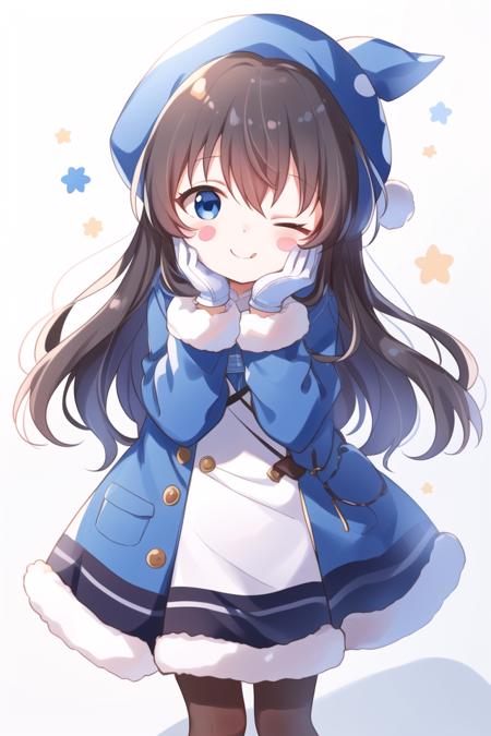 masterpiece, best quality, masterpiece,<lora:Buchi-4:1>, Buchi, 1girl, penguin, brown hair, blue eyes, smile, one eye closed, star \(symbol\), fur trim, blush stickers, animal hat, hat, closed mouth, boots, pantyhose, bow, bangs, blush, fur-trimmed sleeves, standing, long sleeves, bird, scarf, looking at viewer, ;\), two-tone background, blue headwear, dress, full body, hands on own face, gloves, pink bow, shadow, white pantyhose, solo, blue dress, blue footwear, mittens, white gloves, coat, blue coat, hands up, white scarf, hands on own cheeks, hair between eyes, fur-trimmed dress, animal, white background