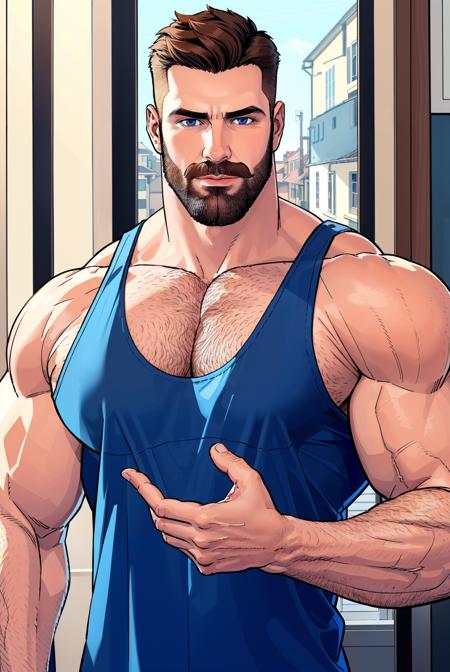 1 male, male focus, beard,muscular male,  short hair, pushed back hair style, mature male, (blue tank top:1.3), pectoral cleavage, mustache, brown hair, hand on chest, indoors, blue eyes, chest hair, covered abs, upper body,  <lora:inkollo:0.5>, window, door,white briefs