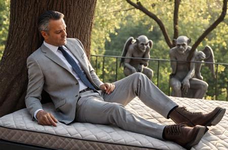 High_Res,raw photo,top quality,masterpiece,8k resolution,sharp focus,Award_Winning,(Intricate_Detail:1.1),High_Res,
sleeping,people in right side,sitting on (Spring mattress:1.1),head_down,looking at viewer,(gargoyles in background:1.3),sitting,A handsome short man with wrinkle,40 years old,wearing a gray suit,with stained glass,beige trousers and scratched dark brown boots,Tyndall effect and rays of God shining through the tree branches,close-up,treehouse BREAK
(male glamor:0.7),sparkling eyes,bright,slim thighs,safety pants,stylish large collar gray suit,