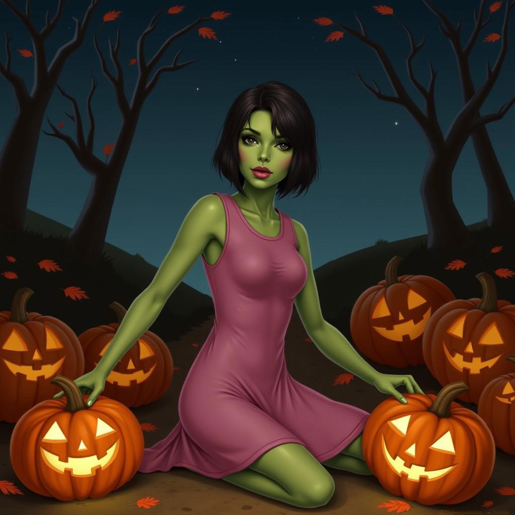 halloween, pumpkins, night, darkness, gothic, autumn leaves,posing,outdoors,1woman, (green skin), alien, (black eyes), (black sclera), short hair, black hair, pink dress