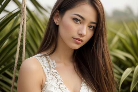 Perfect beautiful girl, (She is mixed of Chinese and Spanish), (realistic), (see through), perfect body, perfect face, ((an extremely delicate and beautiful girl)),(((extremely detailed))),(((an extremely delicate and beautiful))),((ultra-detailed)),(((best quality))),((finely detail)),((medium_breasts)),((looking_at_viewers)),(((extremely_detailed_eyes_and_face))),(((masterpiece))),((photo)),(((real))), ((((realistic)))),((medium hair)),((stand)), perfect eyes, ((whole body)), ((perfect legs)), see through white dress, brown hair, sitting, flower, barefoot, day, blurry, lips, bare legs, plant, lace, swing,