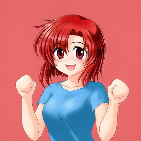 1girl, portrait, happy, hands up, red hair, red eyes, (short hair),
<lora:Ryukishi07HigurashiStyle-000016:1>, simple background,