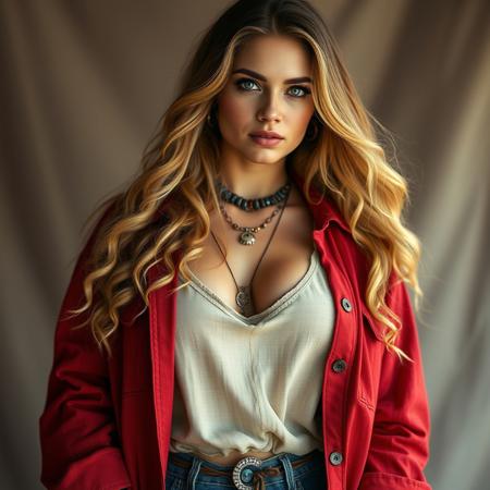 A stunning portrait of a bohemian woman, exuding a captivating aura as she stands with a contemplative expression. Her voluptuous figure is accentuated by a flowing red denim jacket, with a plunging neckline linen top that highlights her delicate freckles. Her long, wavy blonde hair cascades down her back, framing her striking green eyes. A beautiful necklace and an array of boho jewelry adorn her, further emphasizing her unique style and free-spirited nature. The background is a soft blur, allowing the viewer to fully focus on the enchanting subject.