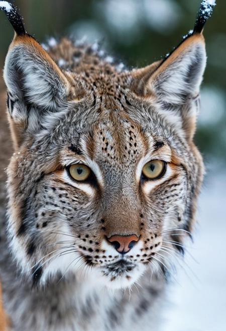portrait, masterpiece, 4k, ray tracing, intricate details, highly detailed, hyper realistic, 8k RAW editorial photo.
an adorable lynx , head with a tilt and a slight blink. The lynx is feathers should be soft and fluffy, the background should be a  snowy forest, dramatic light, shallow depth of field, high budget,