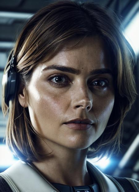 close up photo of sks woman, rugged space trucker, inside industrial spaceship, futuristic science fiction, action scene, digital concept art, realistic, intricate detailed textures, filmic, cinematic, environmental character portrait, <lora:locon_jennacoleman_v1_from_v1_64_32:1.25>