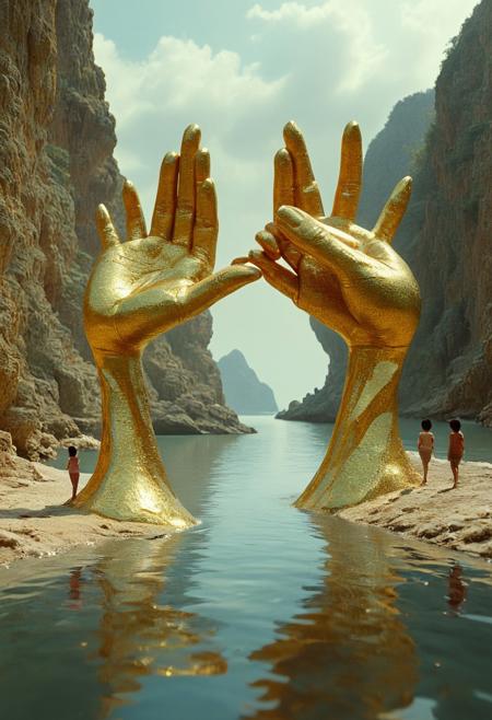 stoneplay69 bizarre sculptures of geometric swooping shapes, the designs make optical illusions that appear to be Hand but subtle indications of hands, no eyes, no eyeballs. The scene is in an Thailand countryside 8K  photorealistic precision, bringing clarity to every line and surface. Roberto Bernardi’s crystal-clear reflections in the water mirror the Rock Gold and surrounding buildings, enhancing the peaceful atmosphere. David Kassan’s finely rendered human figures add a quiet, lived-in feeling, infusing the scene with subtle life and movement. Together, they create a tranquil coastal moment.
vivid colors.
detailmaximizer, aidmaMJ6.1,  Movie Still, Film Still, Cinematic, Cinematic Shot, Cinematic Lighting, detailxl, flux-style, midjourneyv6.1
