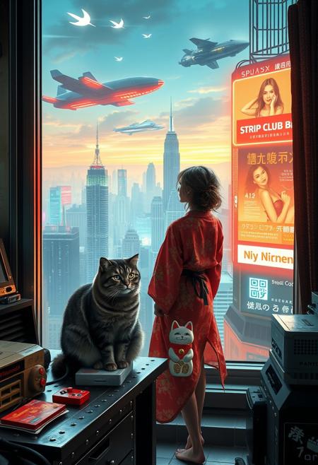 Grey tabby cat with green blue eyes sits on a cluttered metal riveted desk next to a maneki neko statue and a small Nintendo , the cat is looking out to a floor to ceiling window that looks out over a futuristic cyberpunk New York skyline with skyscrapers, holographic advertisements, futuristic airships covered with lights and advertisements in Japanese, a space elevator, (((a tall thin beautiful young woman, 22 years old, is standing next to the cat looking out at the city through the window))), The woman is dressed in an ornate Japanese style bath robe, exposing her lower legs.  The woman's hair is messy from just waking up and tied up with a ribbon. Artistic cyberpunk, dynamic perspective, a translucent neon projection of a strip club bar advertisement displaying a partially dressed woman is visible on a nearby building, neon and led lighting in the apartment, military futuristic space ship visible in the distance,