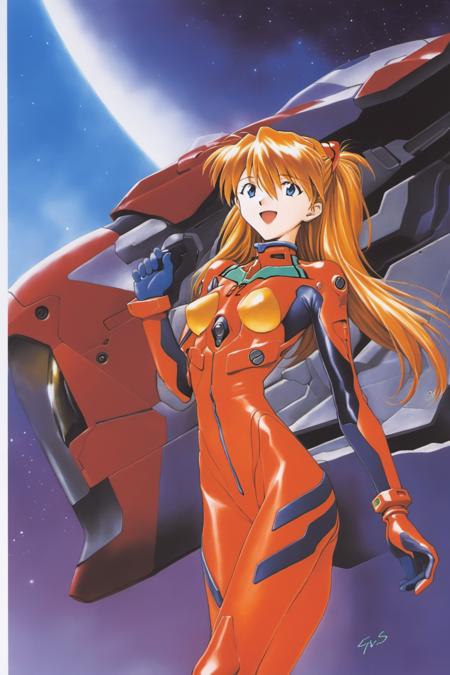 1girl, plugsuit, souryuu asuka langley, long hair, blue eyes, smile, open mouth, bodysuit, from side, orange hair, :d, breasts, solo, pilot suit, bangs, red bodysuit, cowboy shot, eva 02, robot, mecha, looking at viewer, gloves, ass, small breasts, headgear, turtleneck, bracer, hair between eyes, signature, skinny, interface headset, two side up, leaning forward, shiny, traditional media, science fiction, hand up, arched back, <lora:Sadamoto Yoshiyuki_XL:0.8>