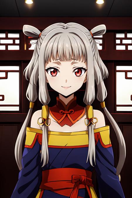 Tianzi_V2 grey hair, long hair, sidelocks, blunt bangs, hair tubes, quad tails, hair rings, hair ornament, red eyes chinese clothes, hanfu, blue dress, bare shoulders, detached collar, detached sleeves, long sleeves, puffy sleeves white choker, bridal veil, white dress, wedding dress, collarbone