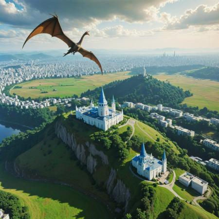 anime key visual, Archean hillside with Birch tree, majestic, aerial shot of a (Pterodactyl:1.3) , the Pterodactyl is very Superflat and Lyrical, background is Stupid Mosque, Hazy conditions, horizon-centered, (art by Chiho Aoshima:1.1) , Simple and clean, Proud, Cyberpunk Art, soft lighting, pinhole lens, Ambrotype, hearthstone artwork, Decoupage, pixiv, 4K