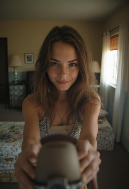 Amateur selfie of a girl on her bedroom. Casual, f/8, noise, slight overexposure, crowded scene, jpeg artifacts, on flickr in 2007, 2005 blog, 2007 blog