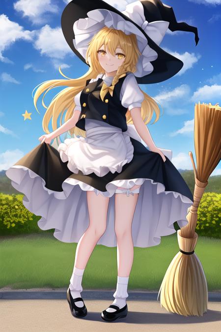 masterpiece, best quality, highres, solo, {kirisame_marisa_touhou:1.10}, blonde_hair, long_hair, hat, witch_hat, bow, yellow_eyes, braid, single_braid, hat_bow, smile, hair_bow, apron, white_bow, 1girl, bangs, black_headwear, black_skirt, frills, puffy_sleeves, shirt, short_sleeves, skirt, waist_apron, white_apron, white_shirt, black_footwear, black_vest, full_body, mary_janes, puffy_short_sleeves, shoes, sky, socks, vest, white_socks, broom, holding, looking_at_viewer, petticoat, star_\(sky\), star_\(symbol\), starry_sky, closed_mouth, frilled_apron, hair_between_eyes, holding_broom, standing