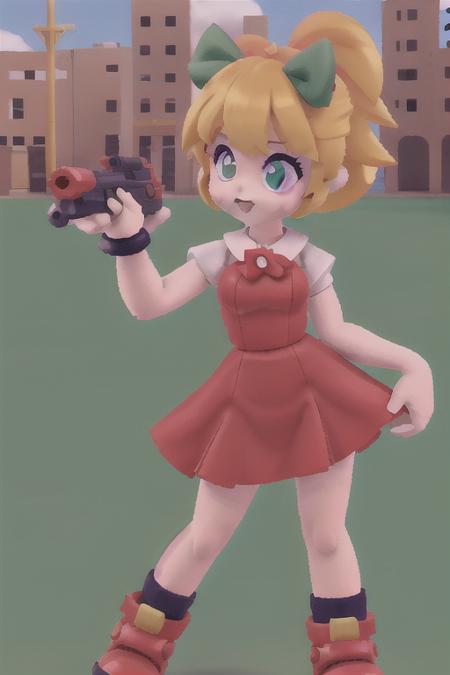 <lora:Roll3D:1> Roll3D 1girl,red dress, green bow, blonde hair, blue eyes, in city ruins with a blaster, scene from megaman, claymation, 80's anime style