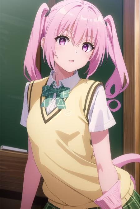 nanadeviluke, <lyco:nana deviluke darkness-lyco-nochekaiser:1>,
nana asta deviluke, fang, long hair, (pink eyes:1.5), pink hair, tail, twintails, (flat chest:1.2),
BREAK green skirt, plaid, plaid skirt, sainan high school uniform, school uniform, skirt, shirt, white shirt, sweater vest, (yellow sweater vest:1.5), short sleeves,
BREAK indoors, classroom,
BREAK looking at viewer, (cowboy shot:1.5),
BREAK <lyco:GoodHands-beta2:1>, (masterpiece:1.2), best quality, high resolution, unity 8k wallpaper, (illustration:0.8), (beautiful detailed eyes:1.6), extremely detailed face, perfect lighting, extremely detailed CG, (perfect hands, perfect anatomy),