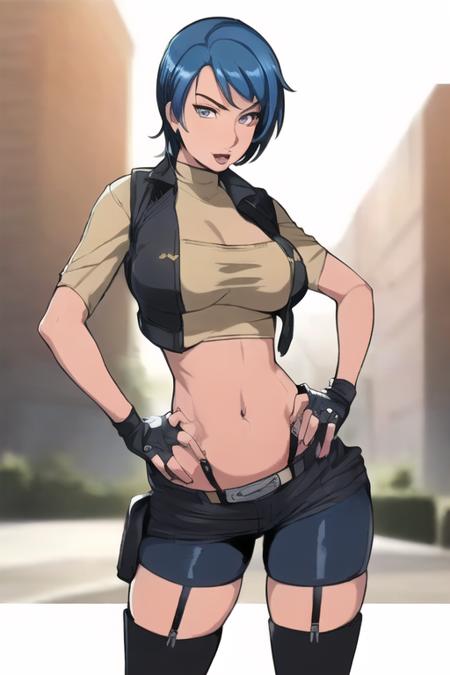 (1girls:1.4), (((solo,
blue hair, gloves, midriff, fingerless gloves, short hair, thighhighs, navel, hand on hip, holster, garter straps, (black knee high boots),black vest, (black pants), showing thighs, full body,<lora:Carmen99_TV1:0.6>
)))
(((mature and milf))),  wide hip,
((from below))((from side)),
(((sticker with white border))),  (((basic white background))),((solo)), (dynamic pose:0.9), photorealistic, (hyperrealistic:1.2), beautiful, masterpiece, best quality, extremely detailed face, perfect lighting,  nsfw,   glowing,   perfect eyes, large eyes, curly eyelashes,  (exited face:1.1) , ((perfect face)),  (((horny))), ((perfect hands)), (perfect hands),